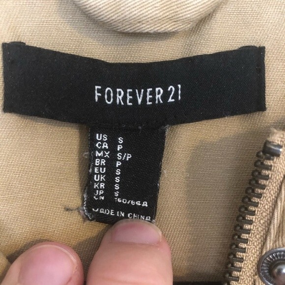 FOREVER 21 Small Khaki Tan Zip-Up Jacket Hood Drawstring Waist Shoulder Flaps - Picture 2 of 4